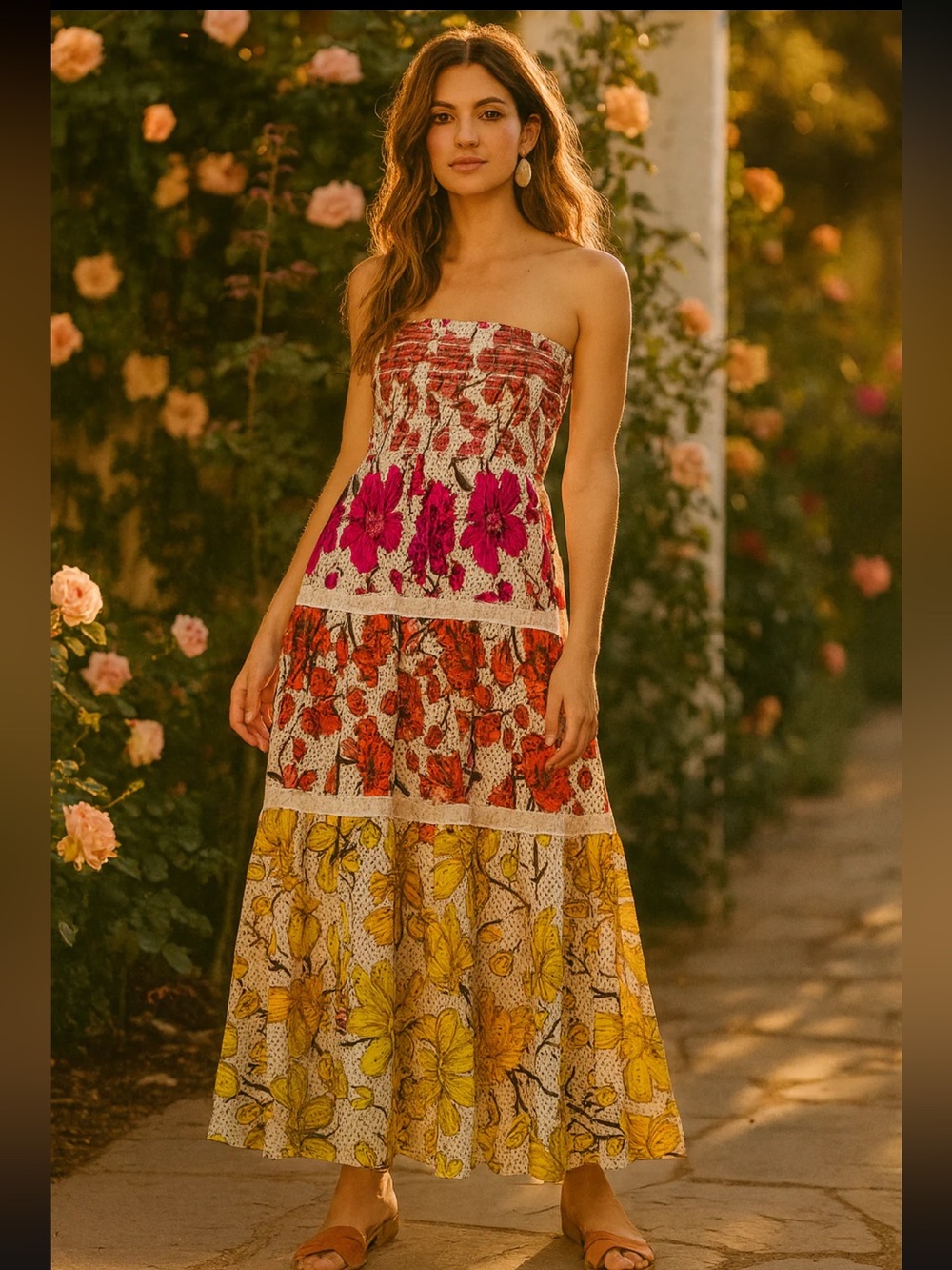 Magazine Strapless Tiered Floral Maxi Dress in Multicolor NWT Med